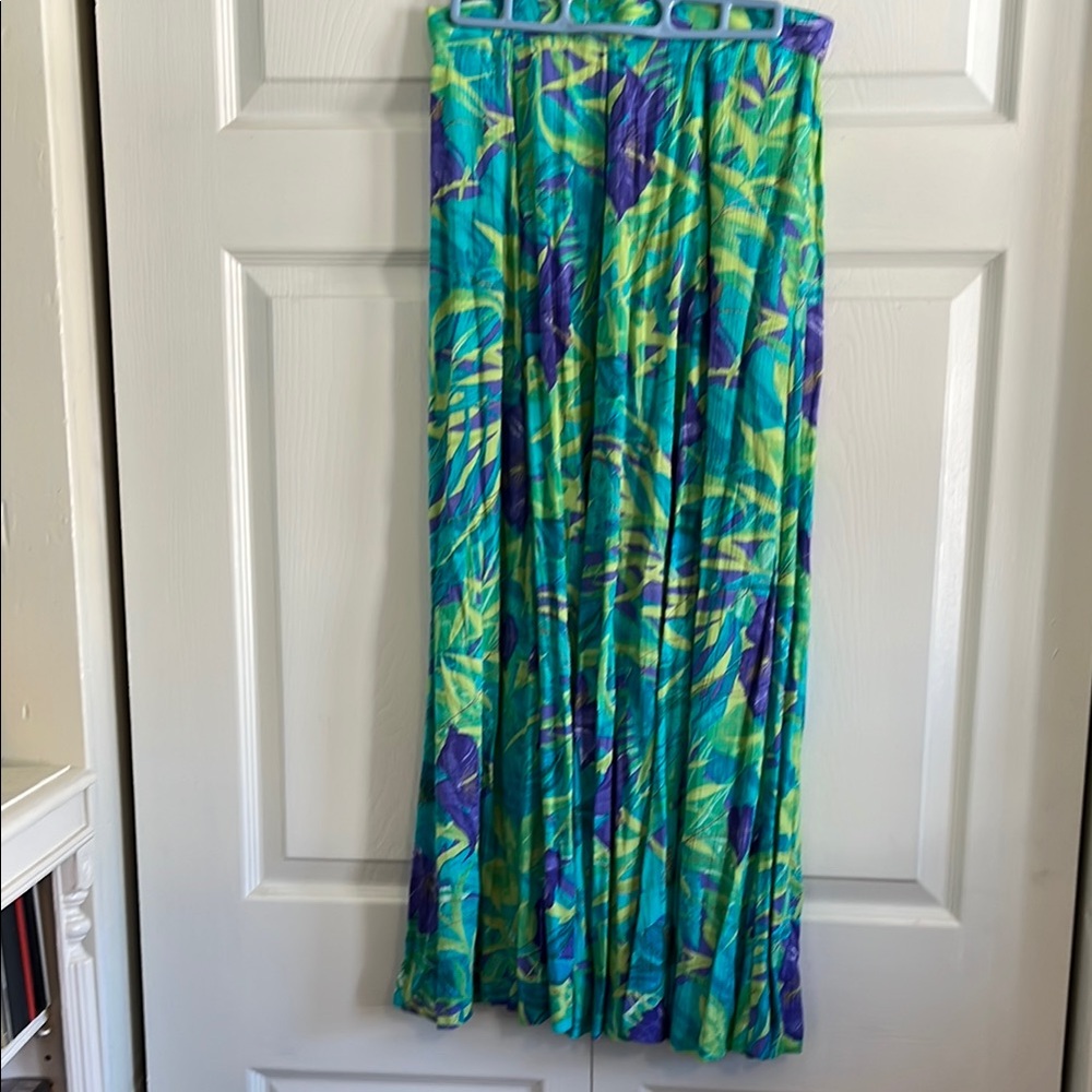Blue and Green Pleated Maxi A-line Skirt